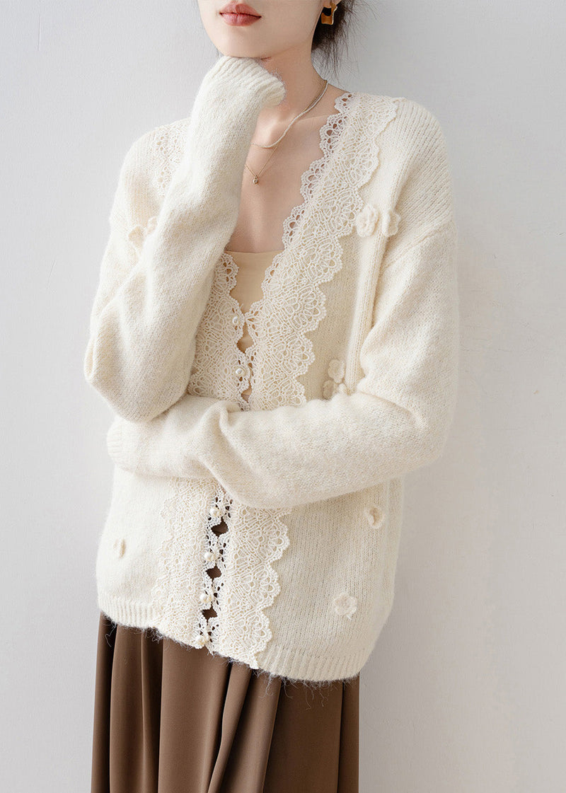 Beige V Neck Lace Button Knit Cardigan Spring