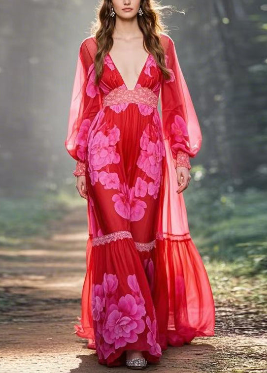 Red V Neck Print Patchwork Chiffon Long Dress Spring