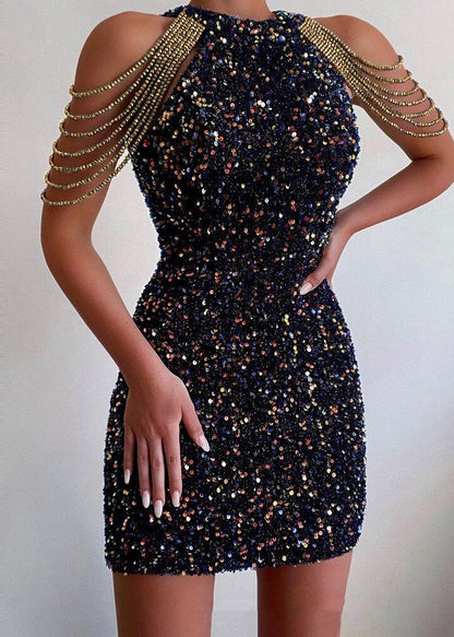 New Pink Neck Hanging Crystal Chain Sequin Dress