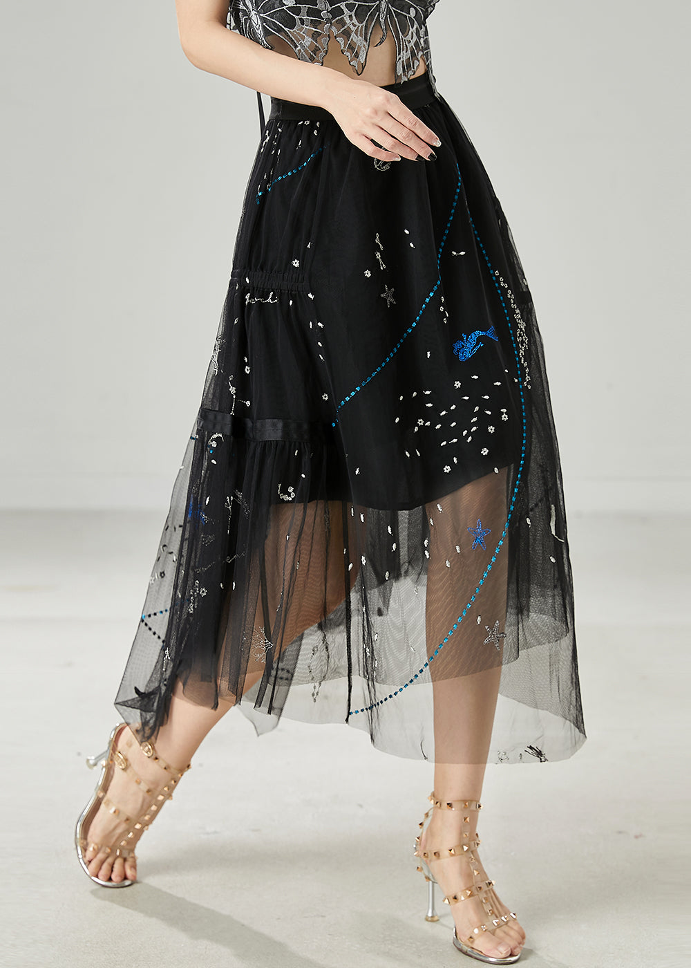 Black Sequins Rhinestone Tulle Skirts Summer