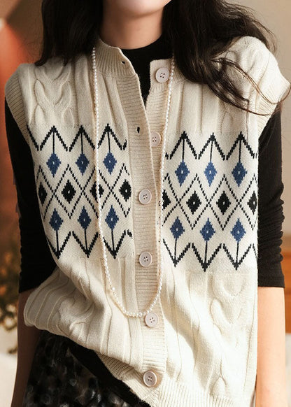 Coffee O Neck Jacquard Button Woolen Vest Sleeveless