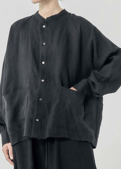 Chinese Style Linen Stand Collar Pockets Shirts Spring