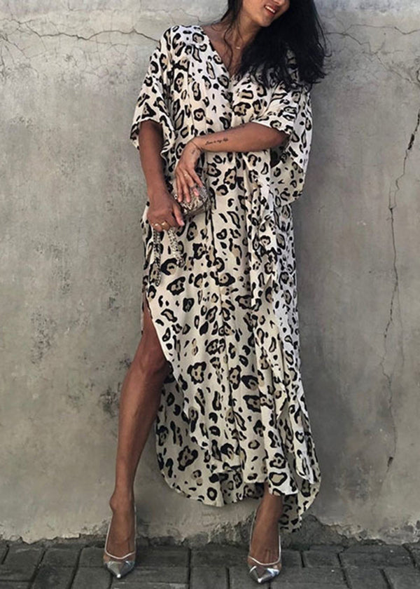 Loose Leopard V Neck Print Side Open Cotton Long Dress Summer