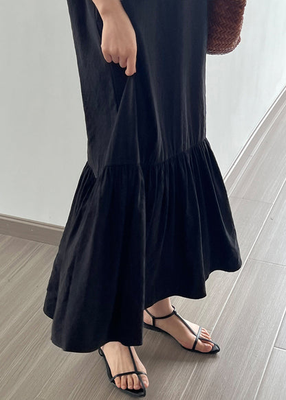 Black Wrinkled Cotton Long Dress O Neck Sleeveless