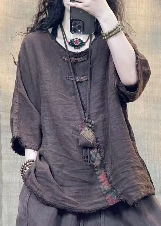 Coffee O Neck Patchwork Linen Shirts Bracelet Sleeve