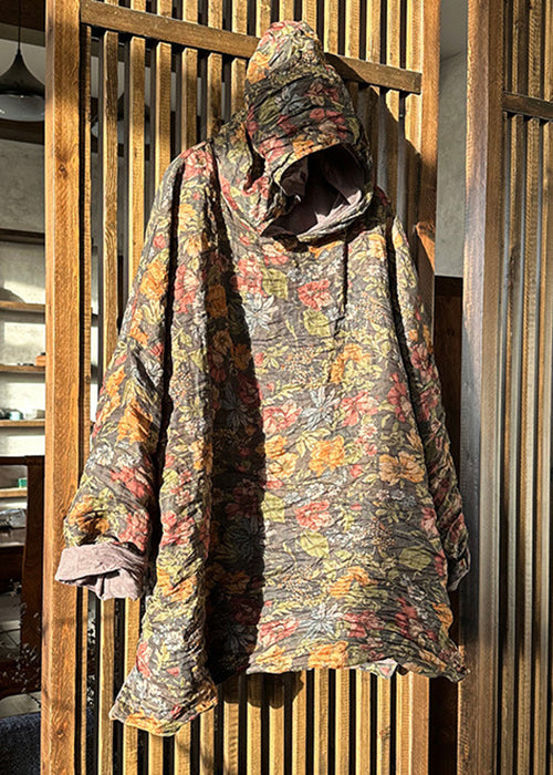 Yellow Hooded Print Linen Top Long Sleeve