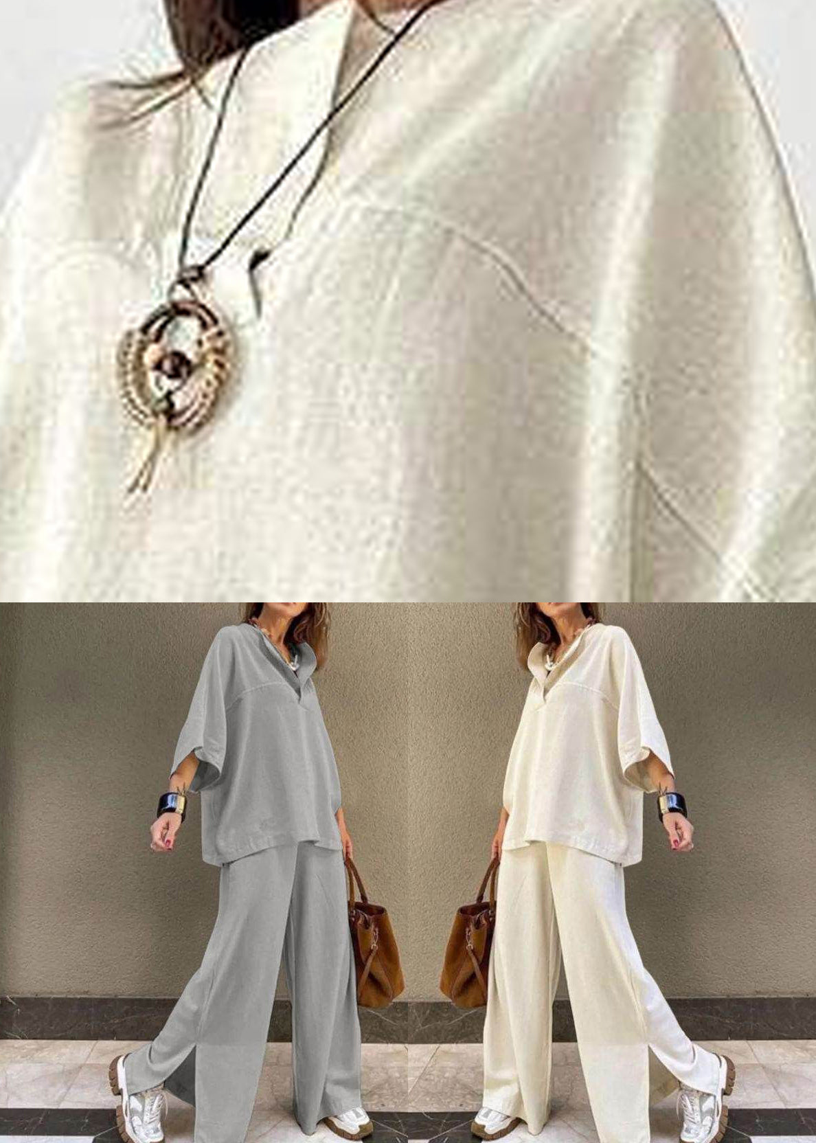 Grey Side Open T Shirts and Wide Leg Pants Two Pieces Set Bracelet Sleeve