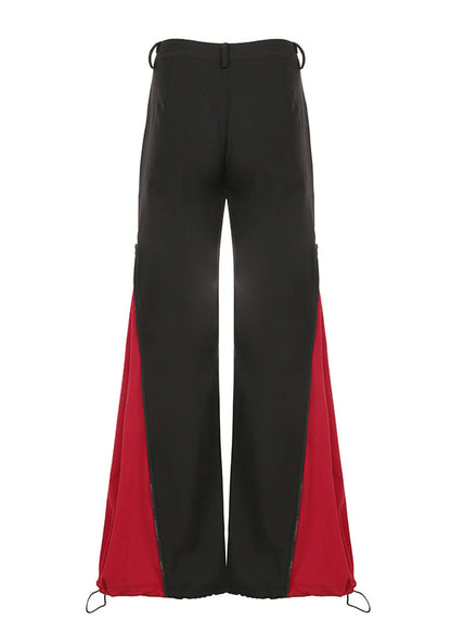 Unique Black Patchwork Drawstring Cotton Wide Leg Pants Spring