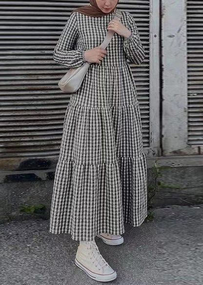 Simple Green Plaid Cotton Maxi Dresses Spring