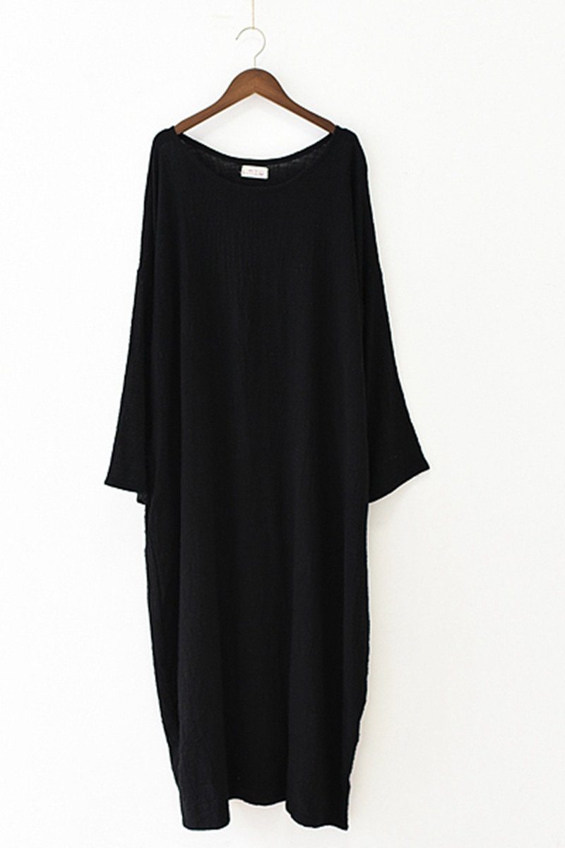 Fall Thin Black Linen Dresses Long Sleeve Linen Caftans Gown