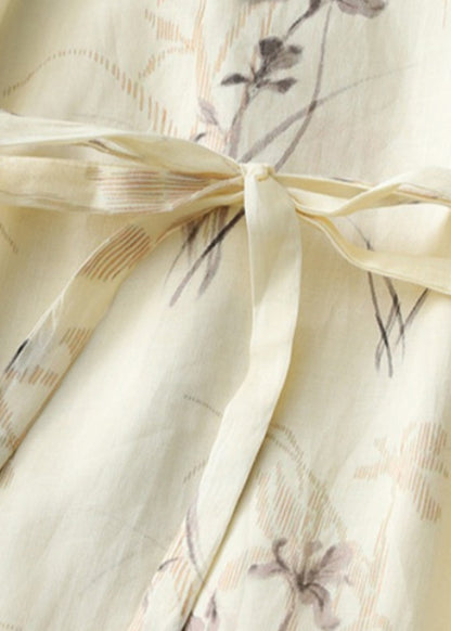 Boutique Apricot O-neck Print Tie Waist Cotton Dress Summer