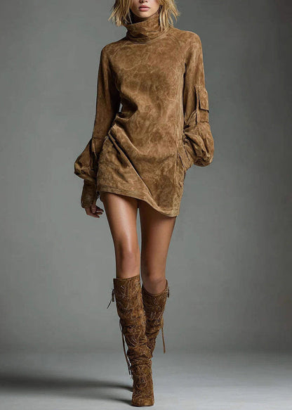 Fine Caramel Hign Neck Patchwork Faux Suede Mini Dress Fall