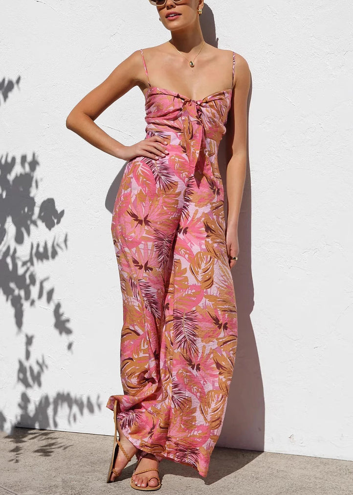 Red Print Cotton Spaghetti Strap Jumpsuit Summer