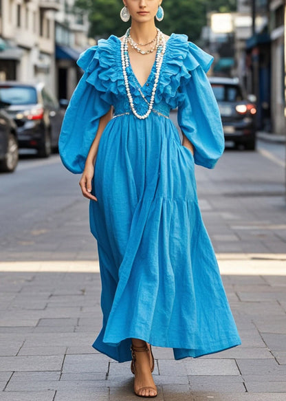 Royal Blue Ruffled Cotton Robe Dresses Fall