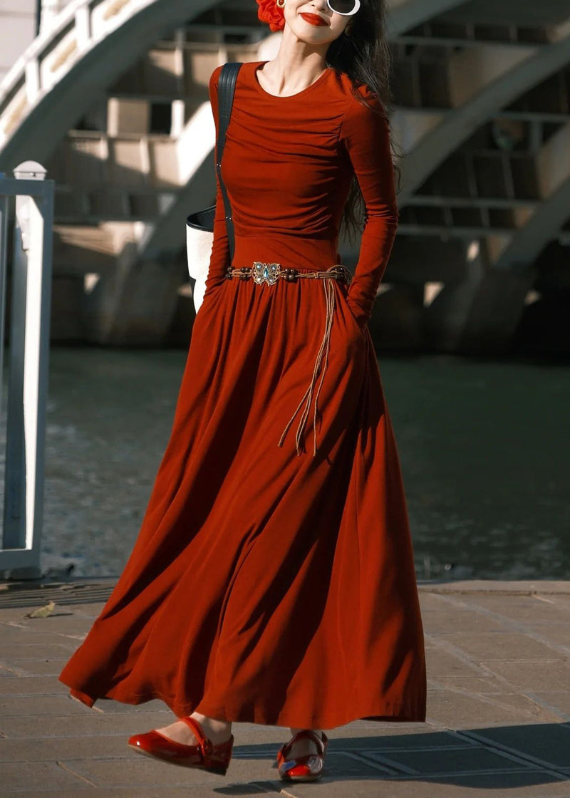 Red O-neck Pockets Cotton Long Dress Spring