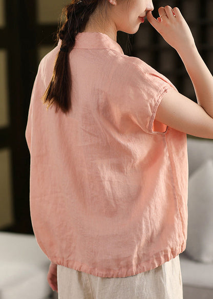 White Peter Pan Collar Lace Up Linen Blouse Summer