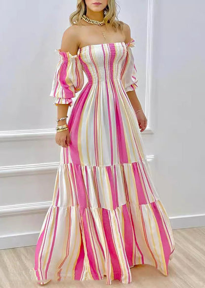 European and American Striped Cold Shoulder Lantern Sleeve Dress