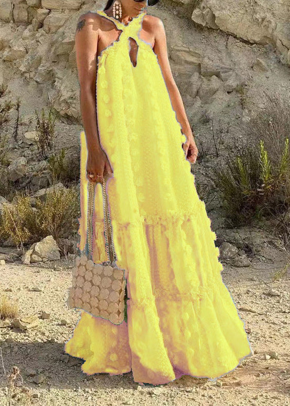 Natural White Ruffled Patchwork Cotton Long Dresses Summer