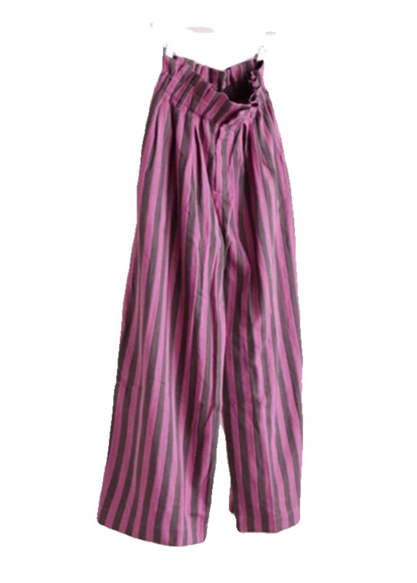 Purple Striped Elastic Waist Cotton Wide Leg Pants Summer