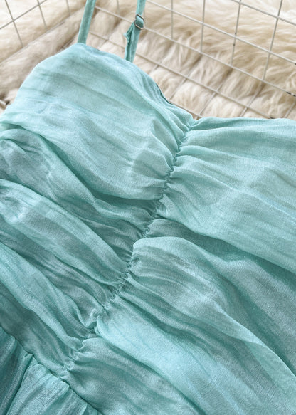 Lake Green Wrinkled Chiffon Spaghetti Strap Dress Summer