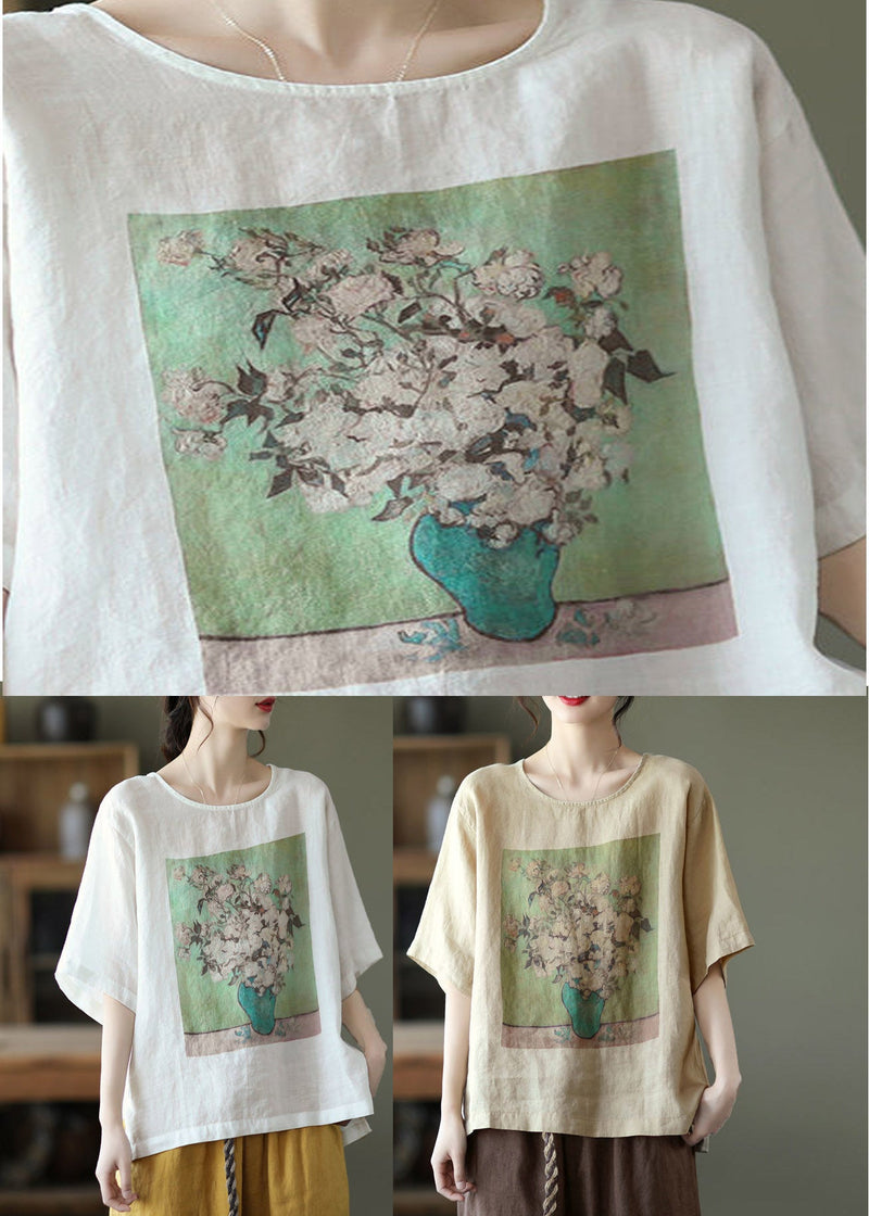 White O-neck Print Linen T Shirt Half Sleeve