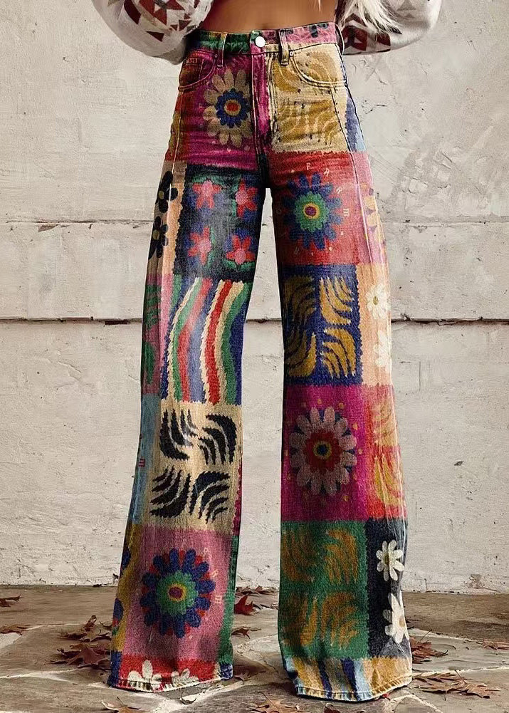 Blue Print Pockets Denim Wide Leg Pants Spring