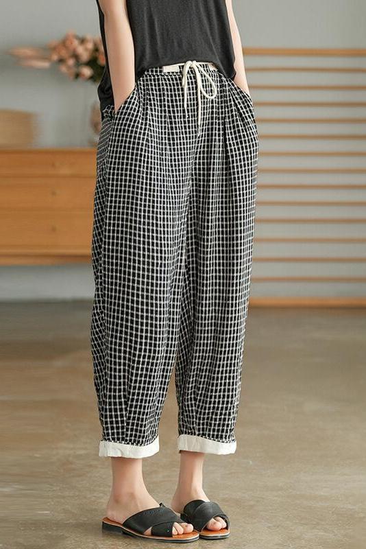 Cotton Linen Plaid Cinched Pocket Pants