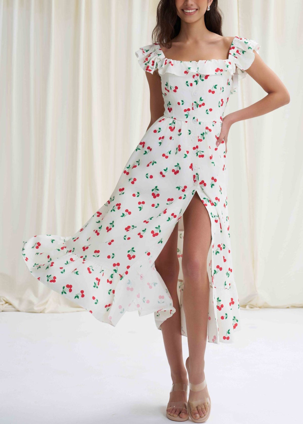 Fine White Ruffled Print Side Open Cotton Dress Summer