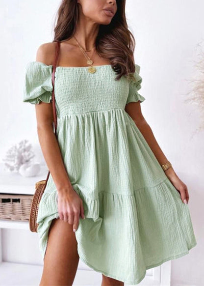 Beige Slash Neck Patchwork Cotton Mid Dress Summer