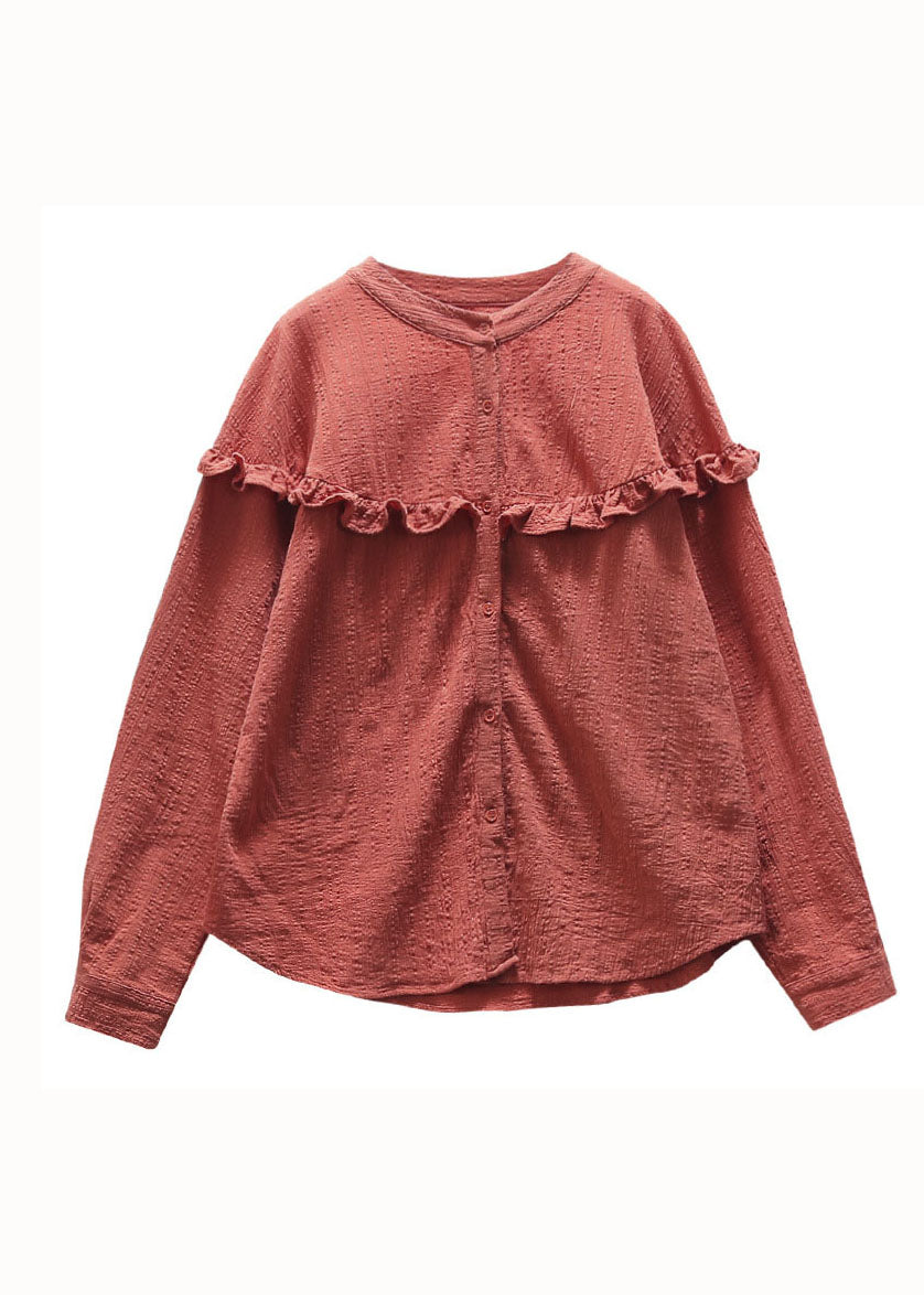 Green Ruffled Button Patchwork Cotton Blouse Tops Long Sleeve