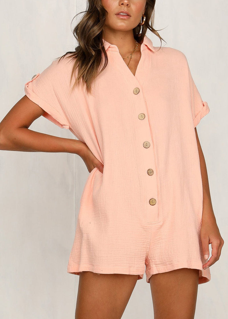 New Pink Peter Pan Collar Pockets Cotton Jumpsuit Summer