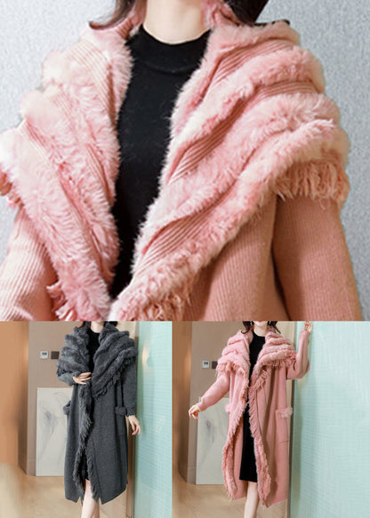Pink Thick Knit Winter Cardigan Fox Collar