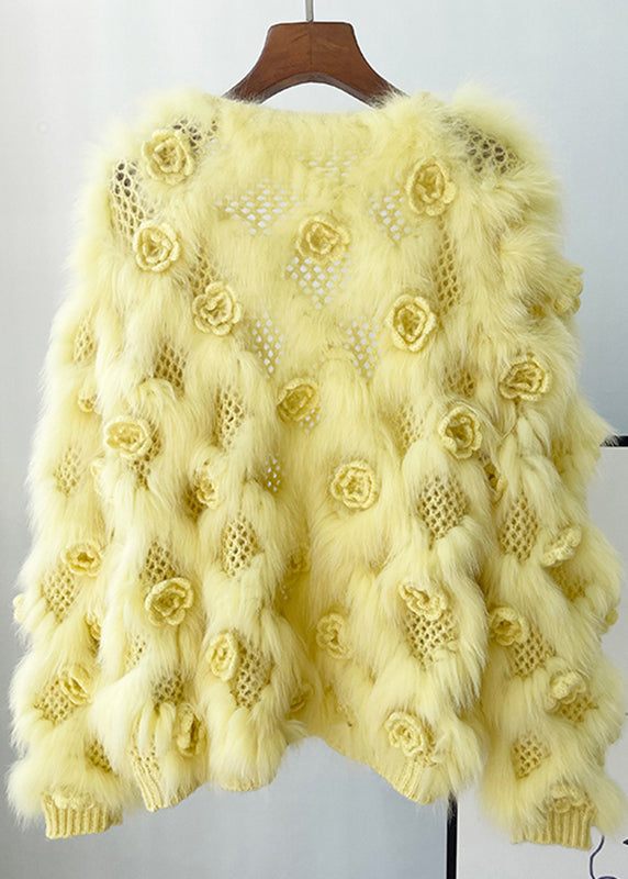 Yellow Patchwork Mink Hair Knitted Coats Lantern Sleeve