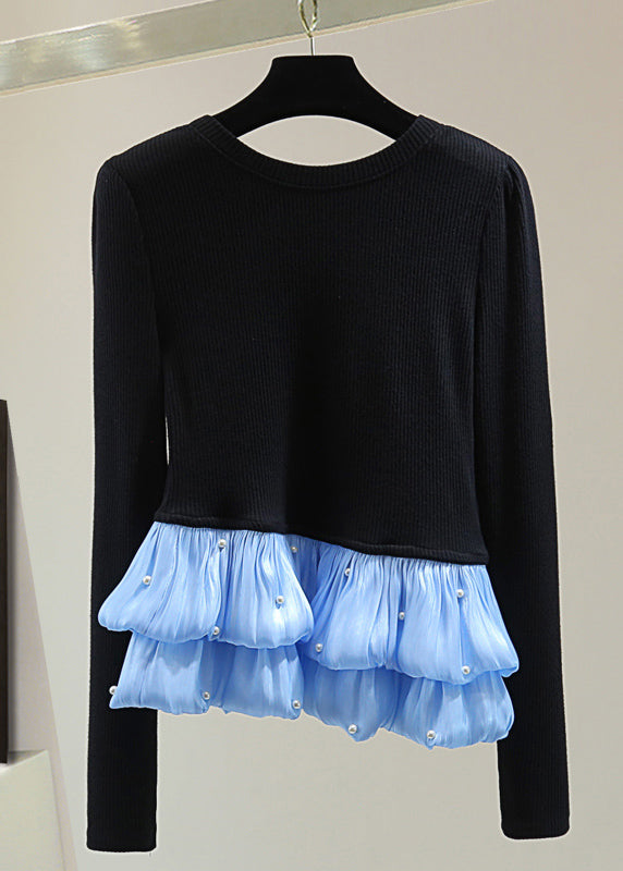 Black Chiffon Patchwork Nail Bead Cotton Knit Top Winter