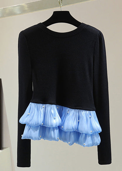 Black Chiffon Patchwork Nail Bead Cotton Knit Top Winter