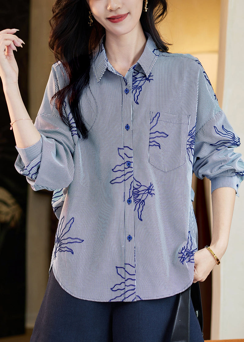 Loose Navy Blue Peter Pan Collar Striped Shirts Fall