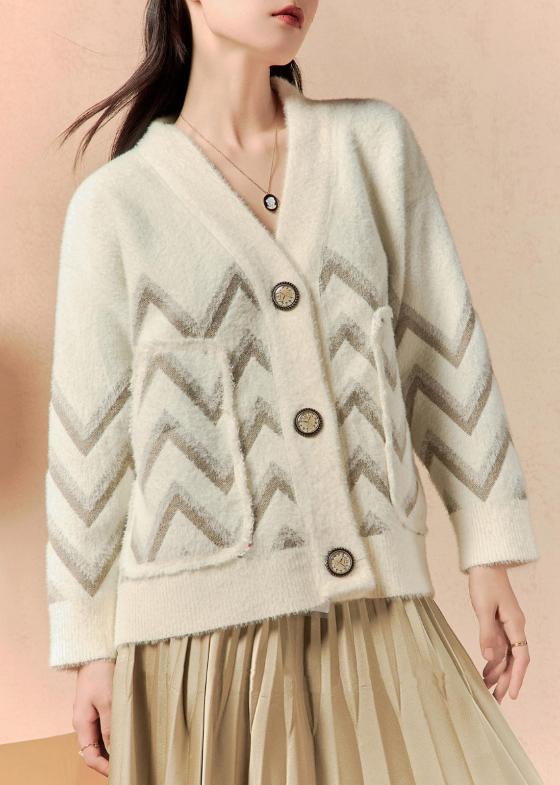 Beige V Neck Button Pockets Knit Coat Winter