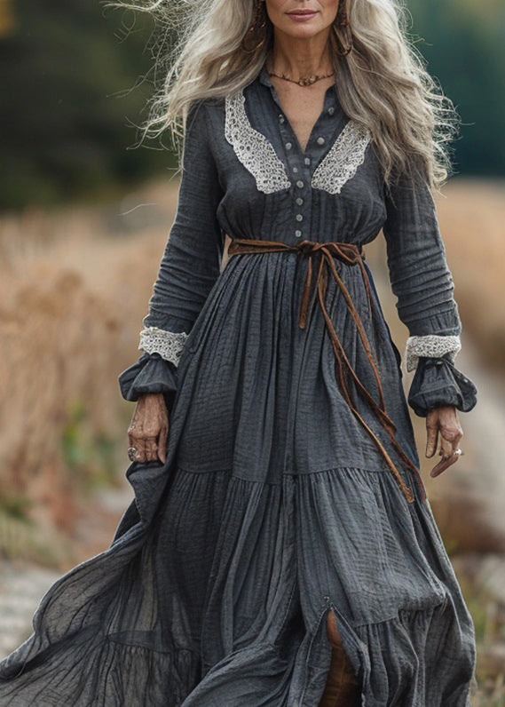 Pastoral Style Lace Patchwork Cotton Long Dresses Spring