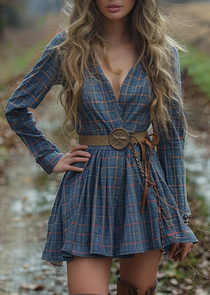 V Neck Plaid Wrinkled Cotton Dress Long Sleeve