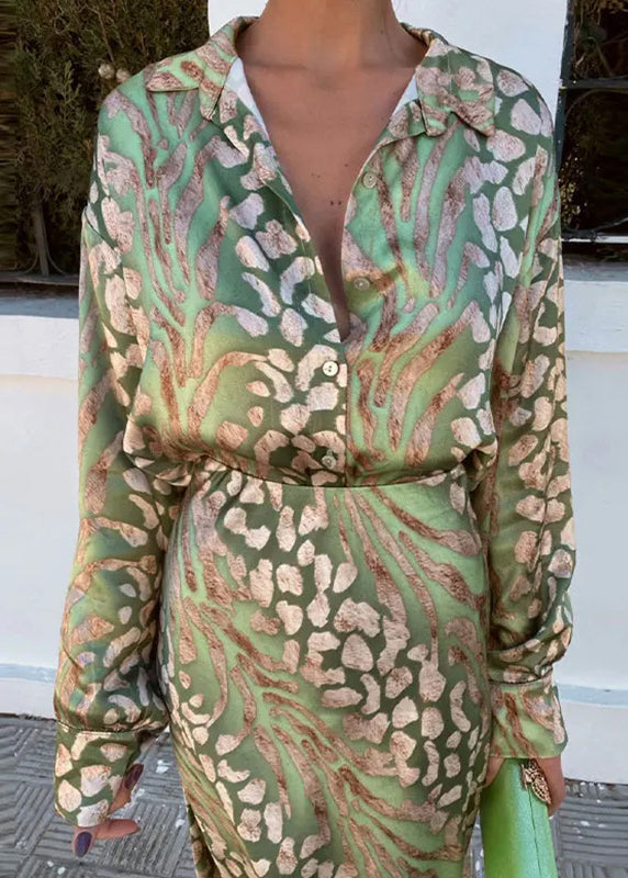 Loose Green Print Shirts and Skirts Two Pieces Set Spring