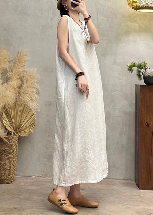 New White O Neck Pockets Linen Long Dress Sleeveless