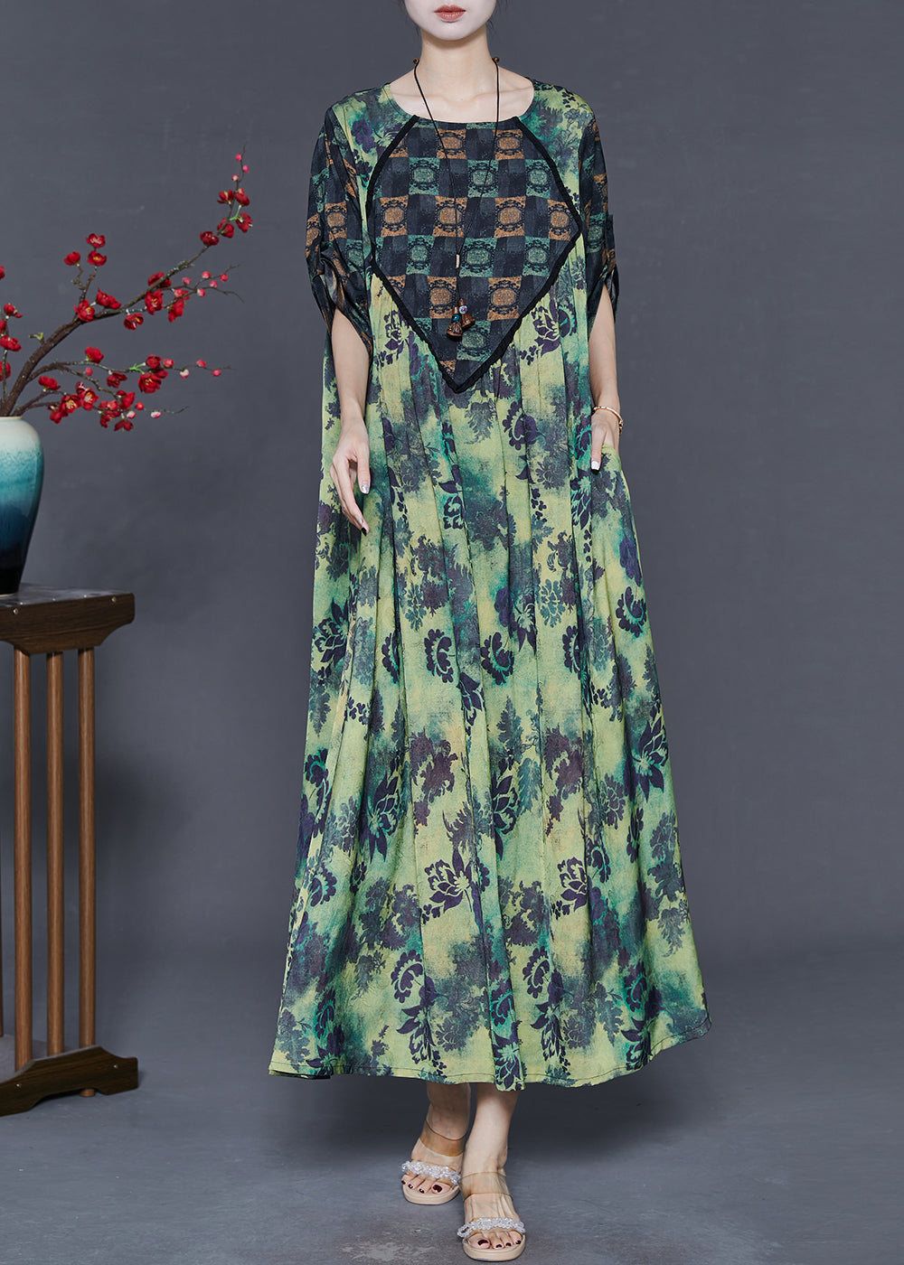 Green Oversized Print Silk Dresses Spring