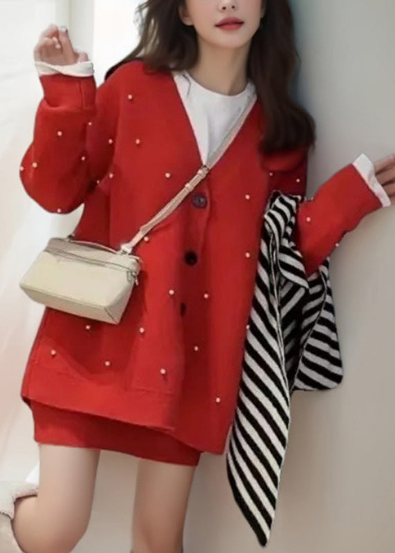 Red V Neck Nail Bead Cotton Knit Cardigan and Skirts Two Pieces Set Winter