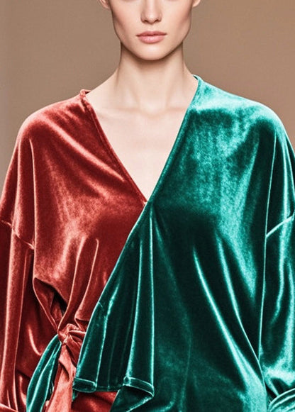 Colorblock Asymmetrical Patchwork Silk Velour Tops Fall