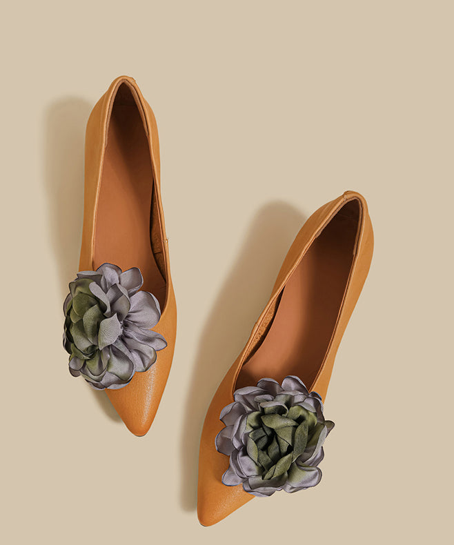 New Brown Flower Cowhide Leather Chunky Heel Shoes