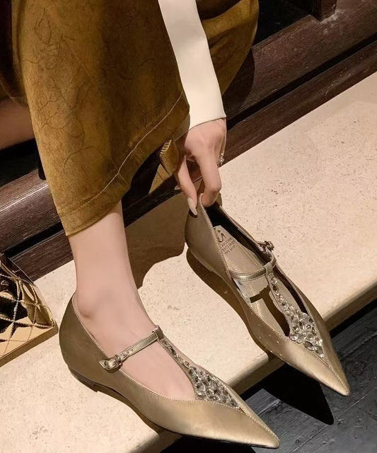 New Apricot Zircon Cowhide Leather Wedge Pointed Toe