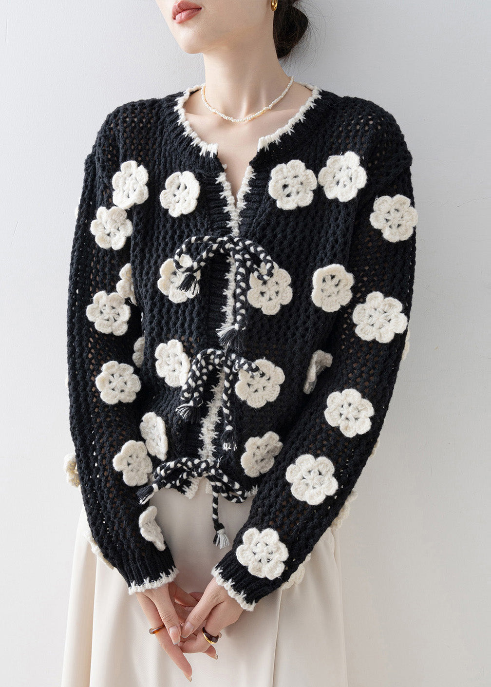 Diy Black Decorated Hollow Out Knit Cardigan Spring