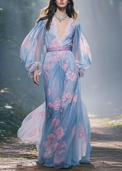 Print V Neck Lace Sashes Patchwork Chiffon Maxi Dresses Spring