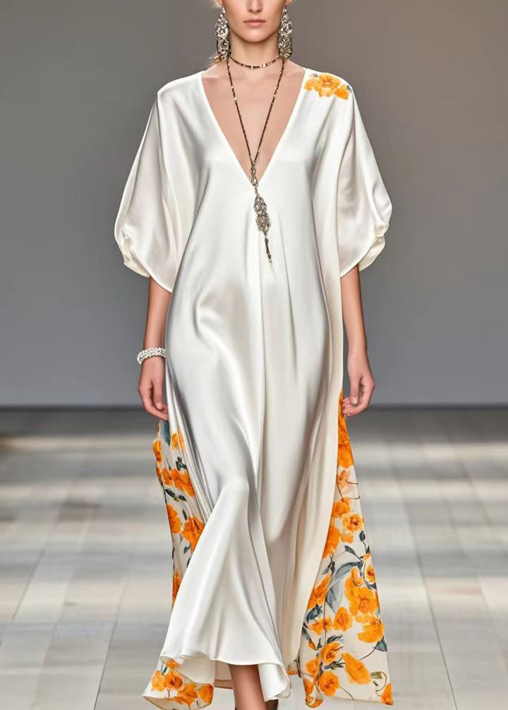 White V Neck Patchwork Print Silk Party Dress Summer