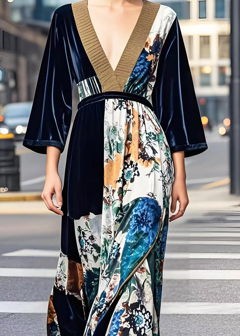 Dark V Neck Print Silk Velvet Cinched Dress Fall